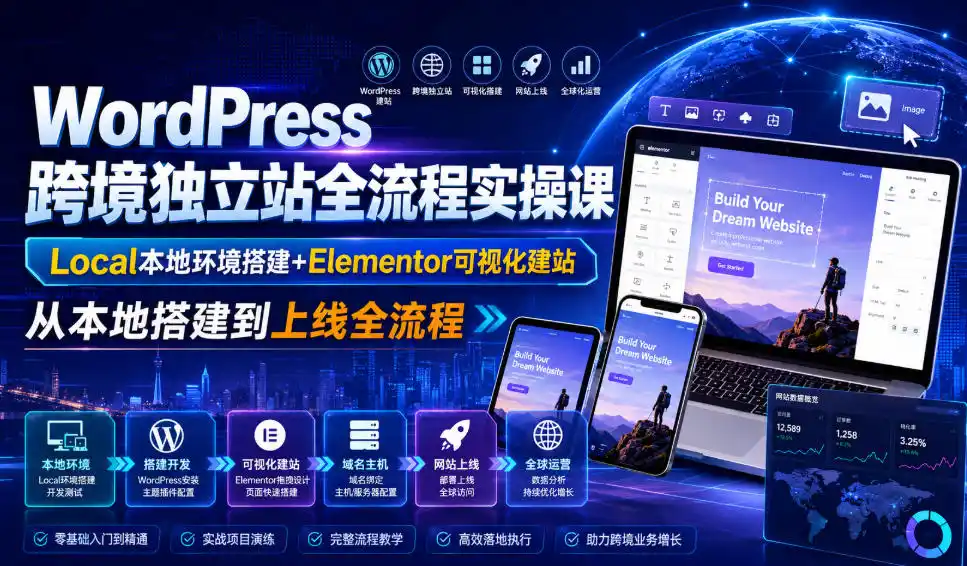 WordPress跨境独立站全流程实操课｜Local本地环境搭建+Elementor可视化建站，从本地搭建到上线全流程