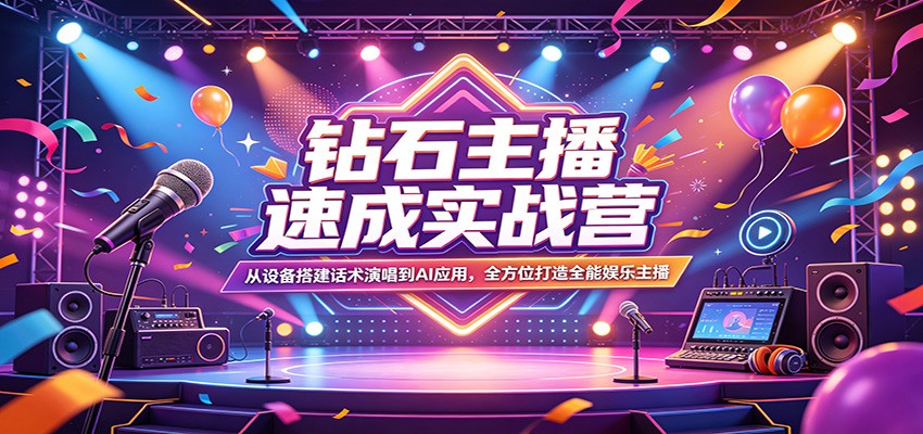钻石主播速成实战营：从设备搭建话术演唱到AI应用，全方位打造全能娱乐主播