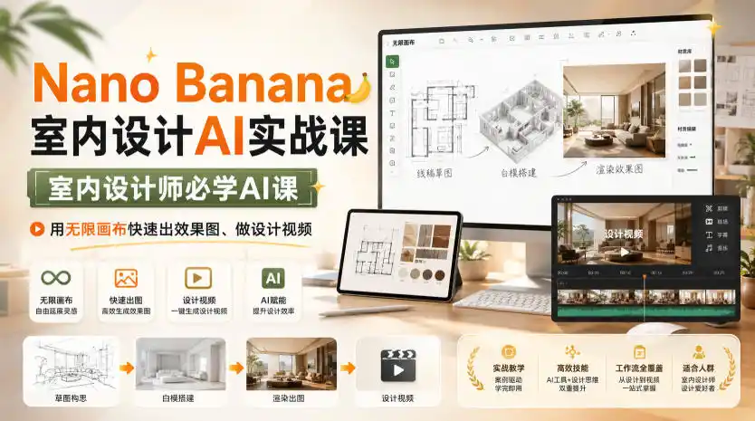 Nano Banana室内设计AI实战课，室内设计师必学AI课，用无限画布快速出效果图、做设计视频