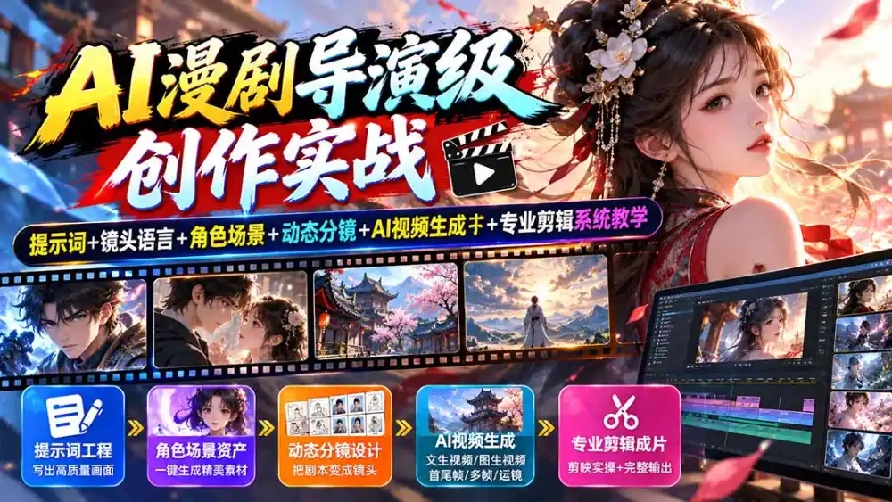 AI漫剧导演级创作实战：提示词+镜头语言+角色场景+动态分镜+AI视频生成+专业剪辑系统教学