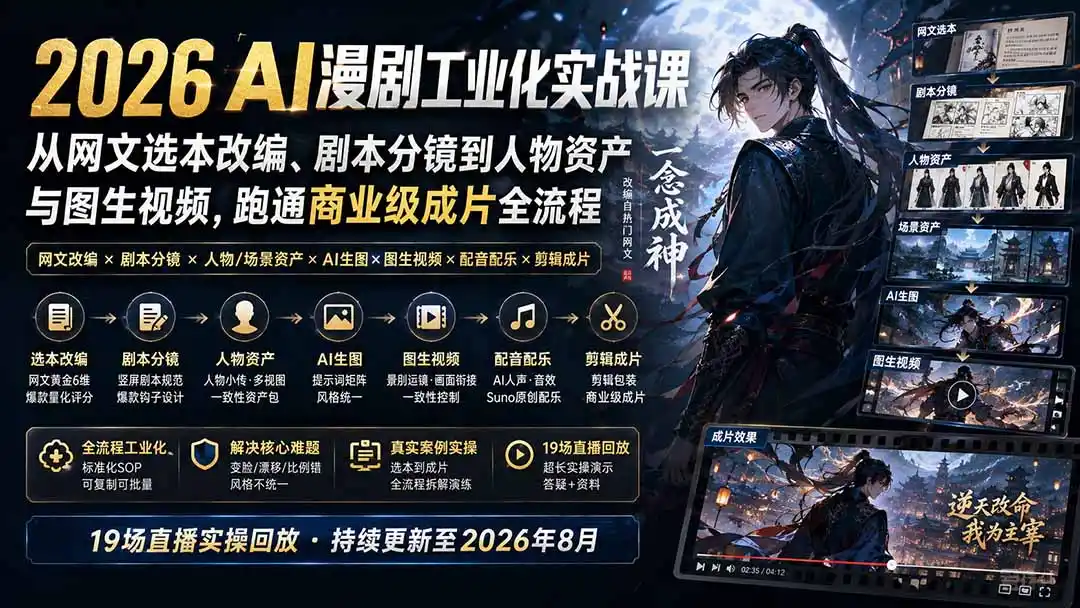 2026 AI漫剧工业化实战课-更新：从网文选本改编、剧本分镜到人物资产与图生视频，跑通商业级成片全流程