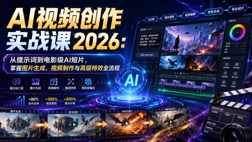 AI视频创作实战课2026:从提示词到电影级AI短片,掌握图片生成、视频制作与高级特效全流程