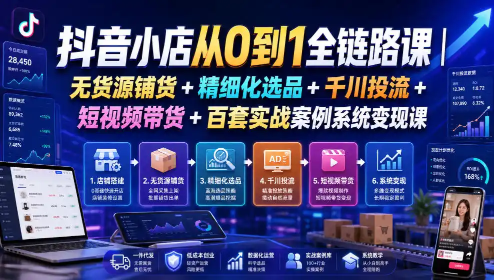 抖音小店从0到1全链路课｜无货源铺货+精细化选品+千川投流+短视频带货+百套实战案例系统变现课(2026年7月更新)