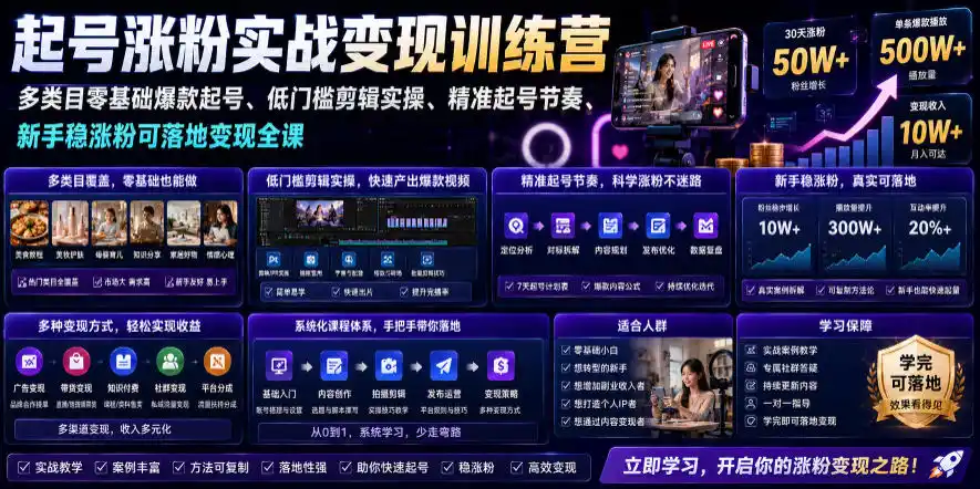 苗子起号涨粉实战变现训练营，多类目零基础爆款起号、精准起号节奏、新手稳涨粉可落地变现全课(更新0719)
