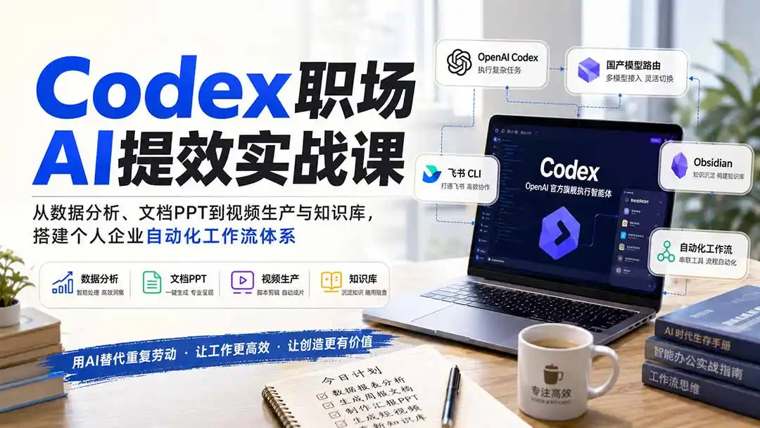 Codex职场AI提效实战课：从数据分析、文档PPT到视频生产与知识库，搭建个人企业自动化工作流体系