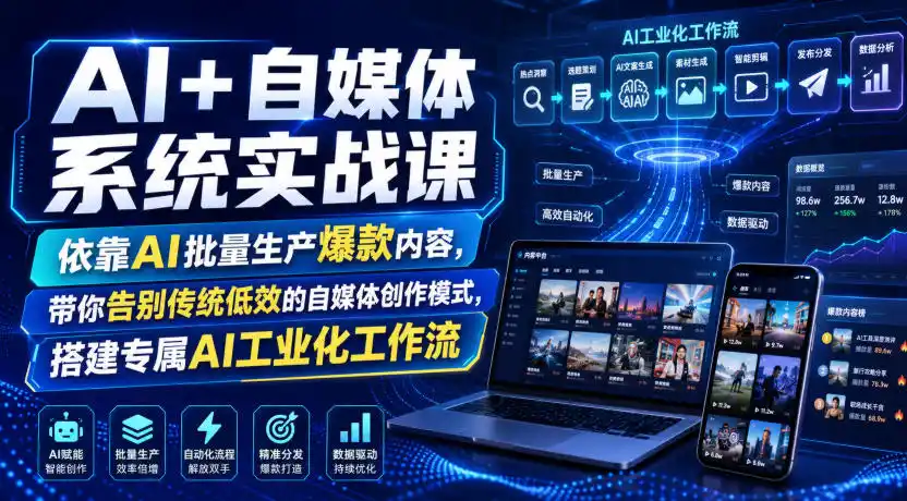 AI+自媒体系统实战课,依靠AI批量生产爆款内容,带你告别传统低效的自媒体创作模式,搭建专属AI工业化工作流