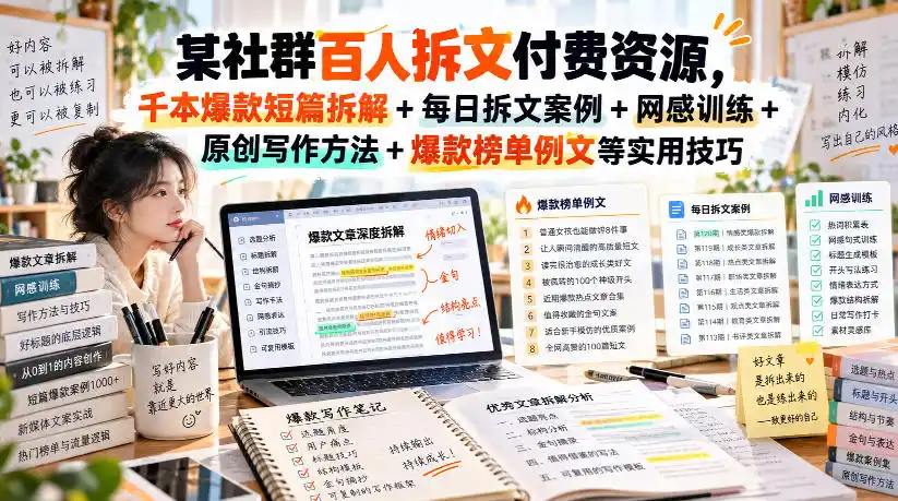 （无水印）某社群百人拆文付费资源，千本爆款短篇拆解+每日拆文案例+网感训练+原创写作方法+爆款榜单例文等实用技巧(更新1009)