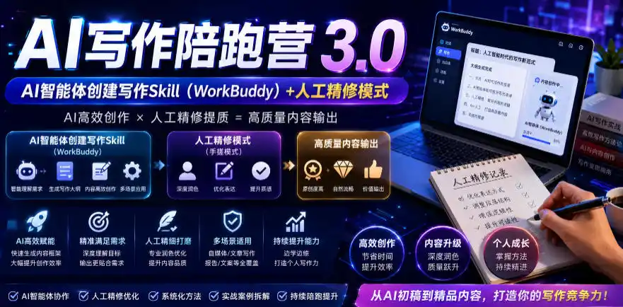 AI写作陪跑营3.0，Ai智能体创建写作skill(workbuddy)+人工手写模式(手搓模式)，去除AI痕迹(头条号、公众号、百家号)(更新0730)