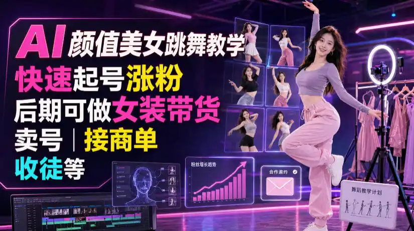 AI颜值美女跳舞教学，快速起号涨粉，后期可做女装带货，卖号，接商单，收徒等