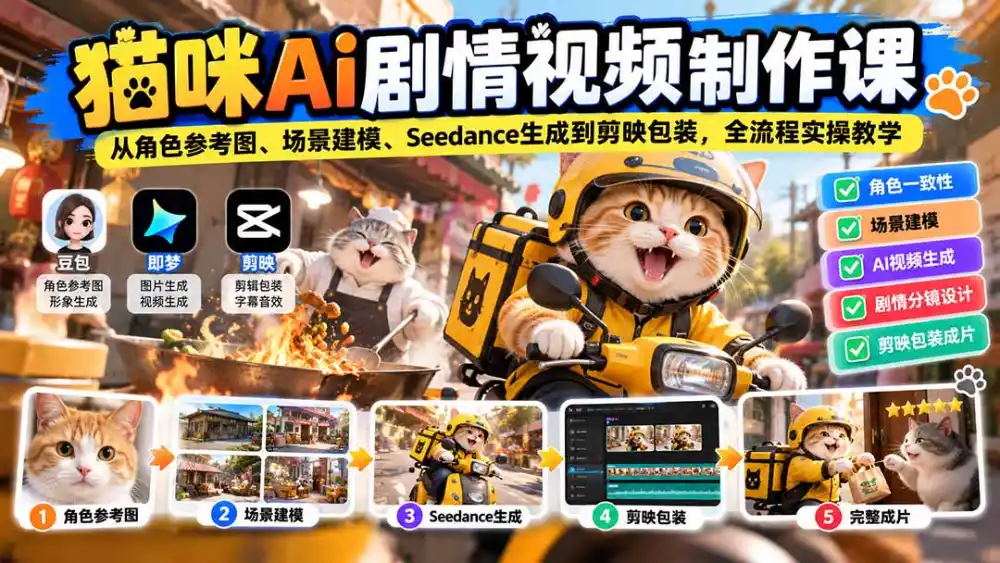猫咪AI剧情视频制作课：从角色参考图、场景建模、Seedance生成到剪映包装，全流程实操教学