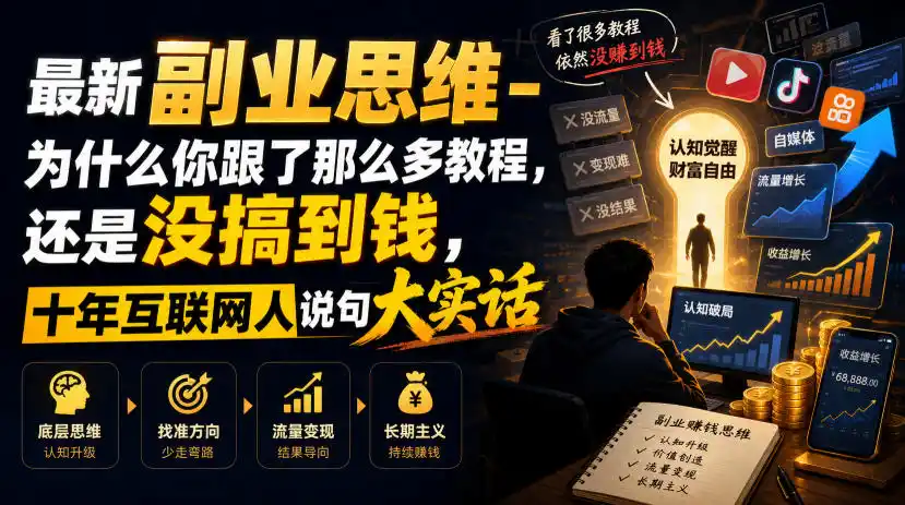 最新副业思维-为什么你跟了那么多教程，还是没搞到钱，十年互联网人说句大实话【揭秘】