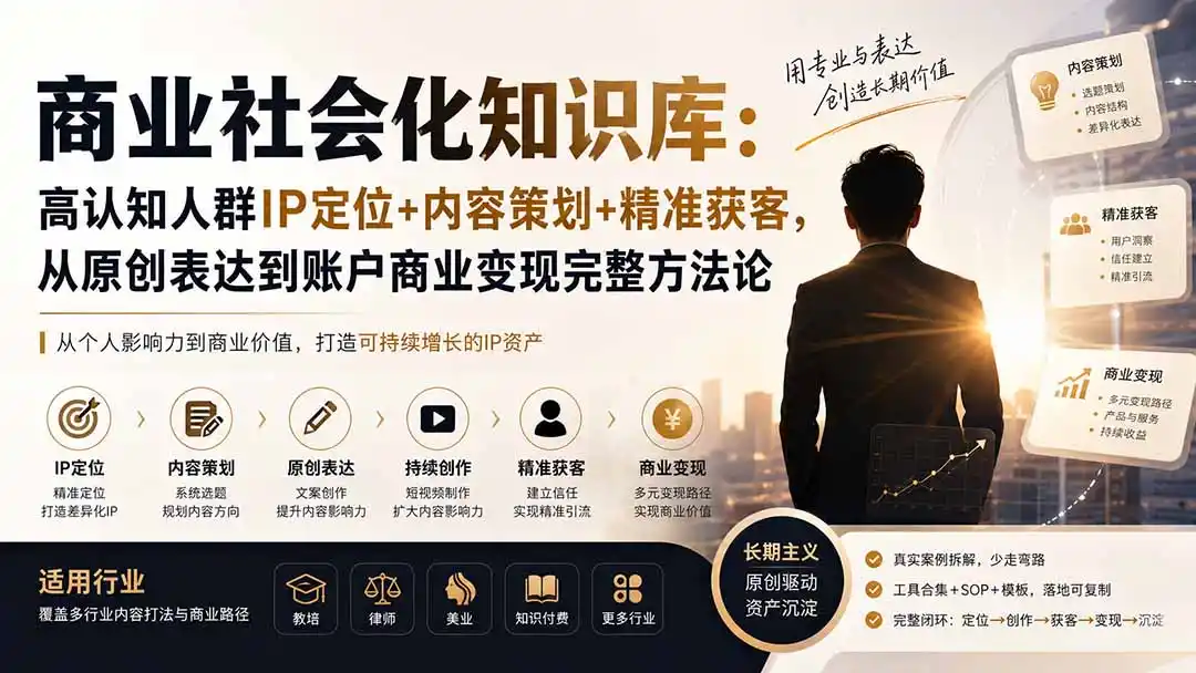 商业社会化知识库：高认知人群IP定位+内容策划+精准获客，从原创表达到账户商业变现完整方法论