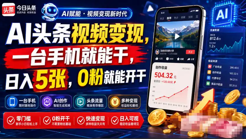 AI头条视频变现，一台手机就能干，日入5张，0粉就能开干