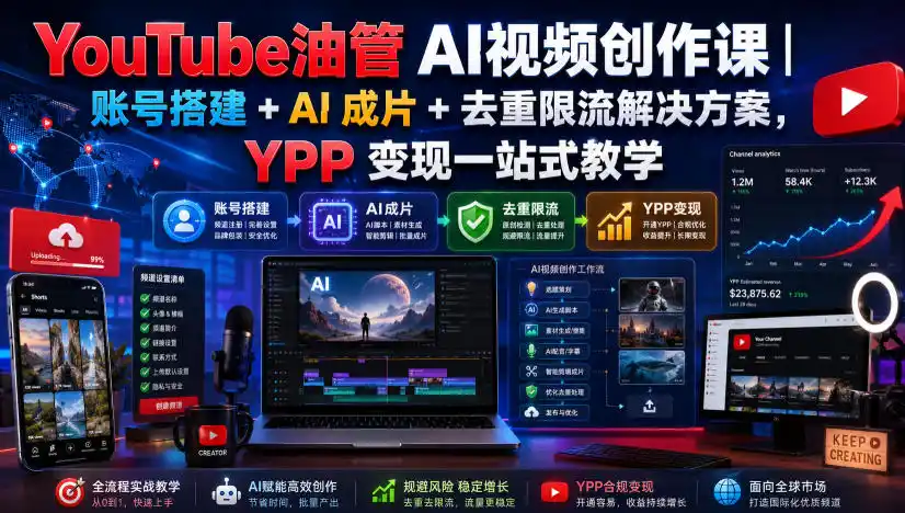 YouTube油管AI视频创作课｜账号搭建+AI成片+去重限流解决方案，YPP变现一站式教学(更新0817)