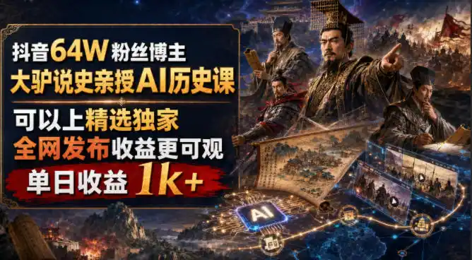 抖音64W粉丝博主大驴说史亲授AI历史课，可以上精选独家，全网发布收益更可观，单日收益1k+