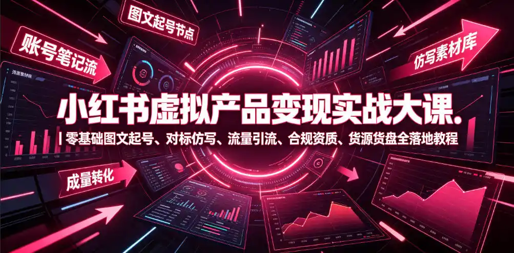 小红书虚拟产品变现实战大课｜零基础图文起号、对标仿写、流量引流、合规资质、货源货盘全落地教程