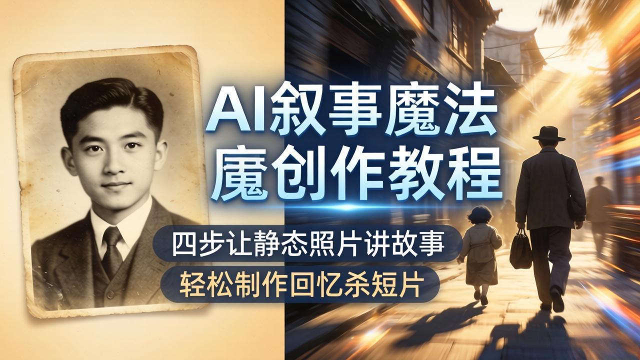 AI叙事魔法创作教程，四步让静态照片讲故事，老照片修复加动态特效，轻松制作回忆杀短片