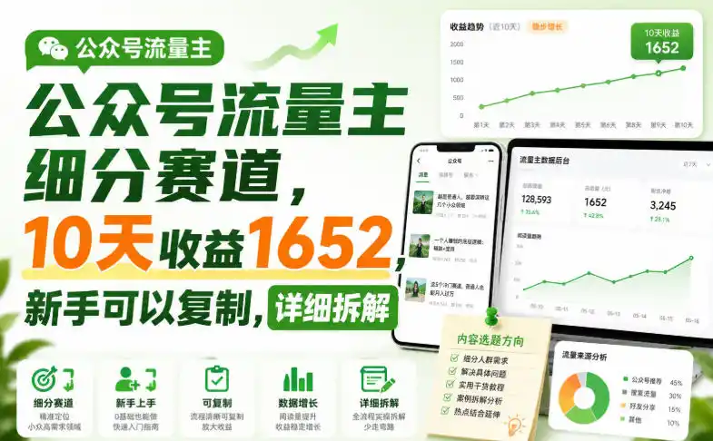 公众号流量主细分赛道,10天收益1652,新手可以复制,详细拆解
