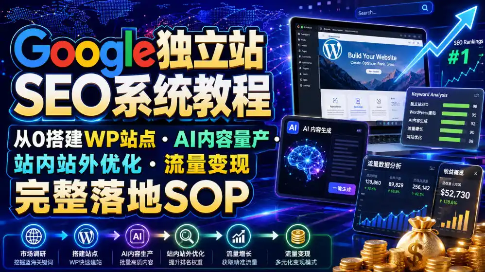 Google独立站SEO系统教程，从0搭建WP站点・AI内容量产・站内站外优化・流量变现完整落地SOP(2026年7月)