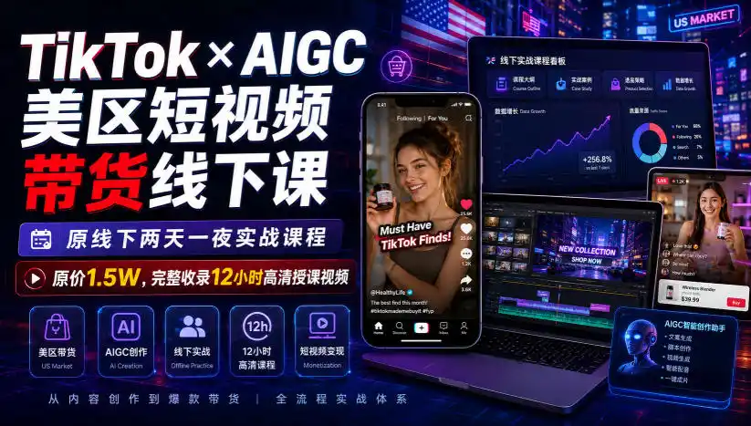 TikTok×AIGC美区短视频带货线下课，原线下两天一夜实战课程，原价1.5W，完整收录12小时高清授课视频