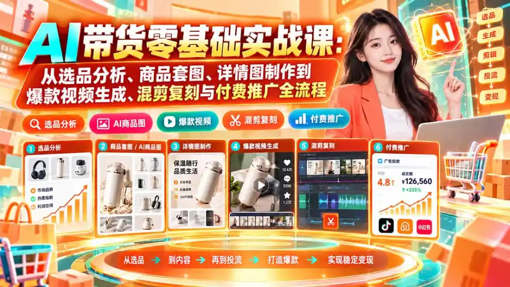 AI带货零基础实战课：从选品分析、商品套图、详情图制作到爆款视频生成、混剪复刻与付费推广全流程