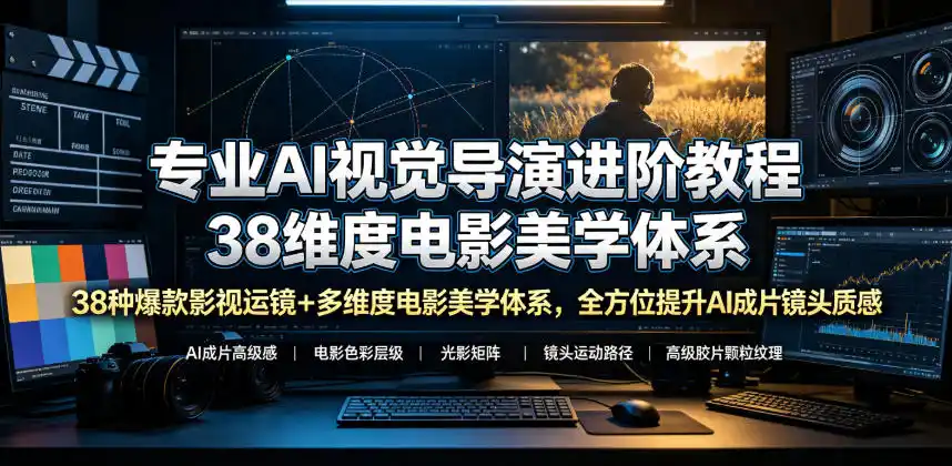 专业AI视觉导演进阶教程,38种爆款影视运镜+多维度电影美学体系,全方位提升AI成片高级感与镜头质感