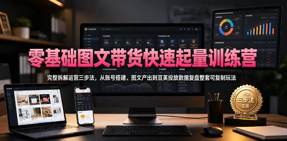 零基础图文带货快速起量训练营,完整拆解运营三步法,从账号搭建、图文产出到豆荚投放数据复盘整套可复制玩法