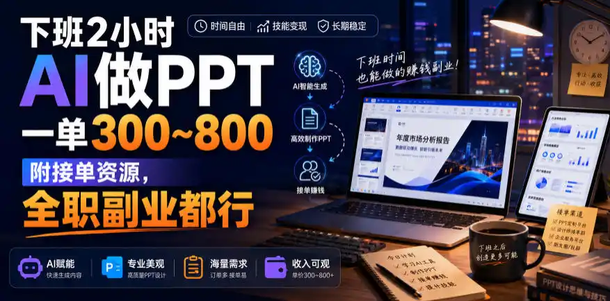 下班2小时AI做PPT,一单300~800,附接单资源,全职副业都行【揭秘】