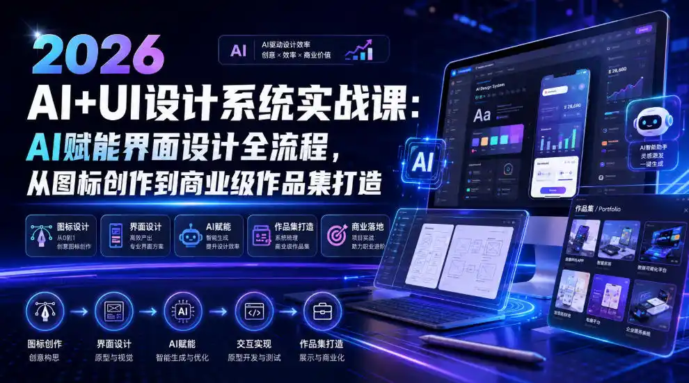 2026 AI+UI设计系统实战课:AI赋能界面设计全流程,从图标创作到商业级作品集打造