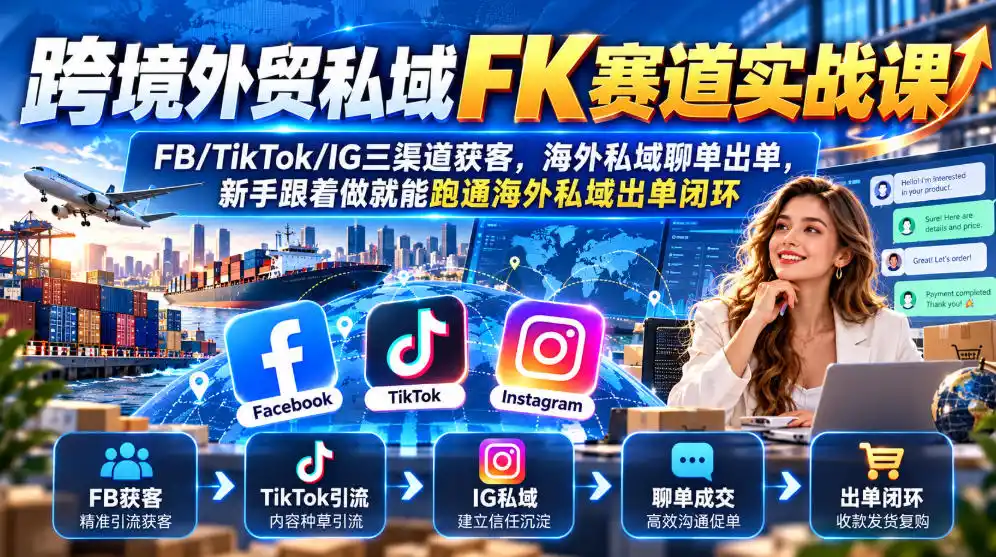 跨境外贸私域FK赛道实战课｜FB/TikTok/IG三渠道获客，海外私域聊单出单，新手跟着做就能跑通海外私域出单闭环
